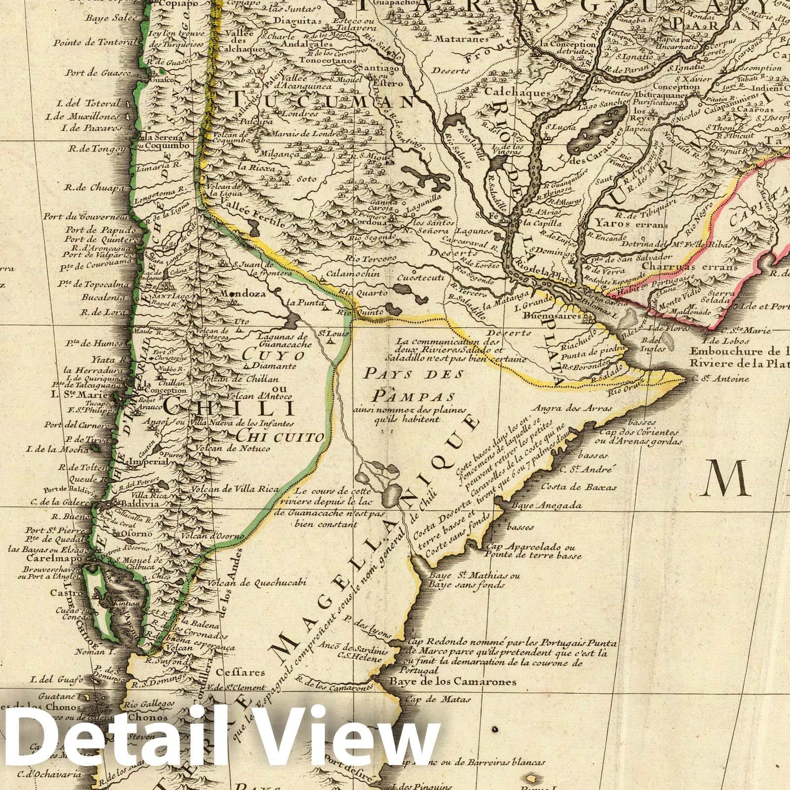 Paraguay, Chile, and Strait of Magellan - Route Map, 1708 - De l'Isle Historical Map Print