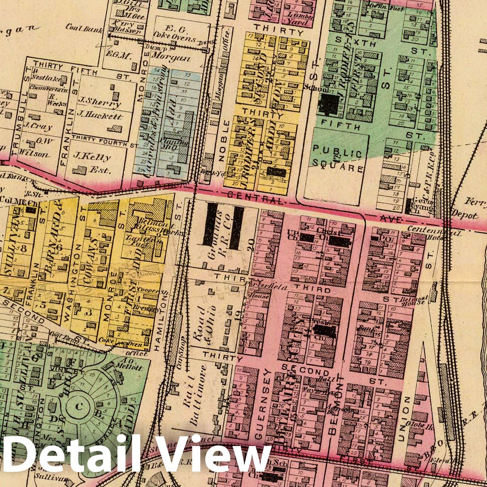 Bellaire, Belmont County, Ohio - River Map, 1877 - Historical Map Print