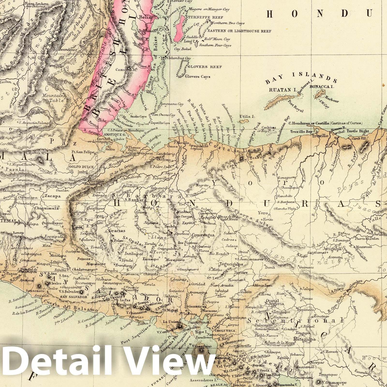 Central America, Chiapas, Tabasco, Yucatan, British Honduras 1872 Historical Map Print