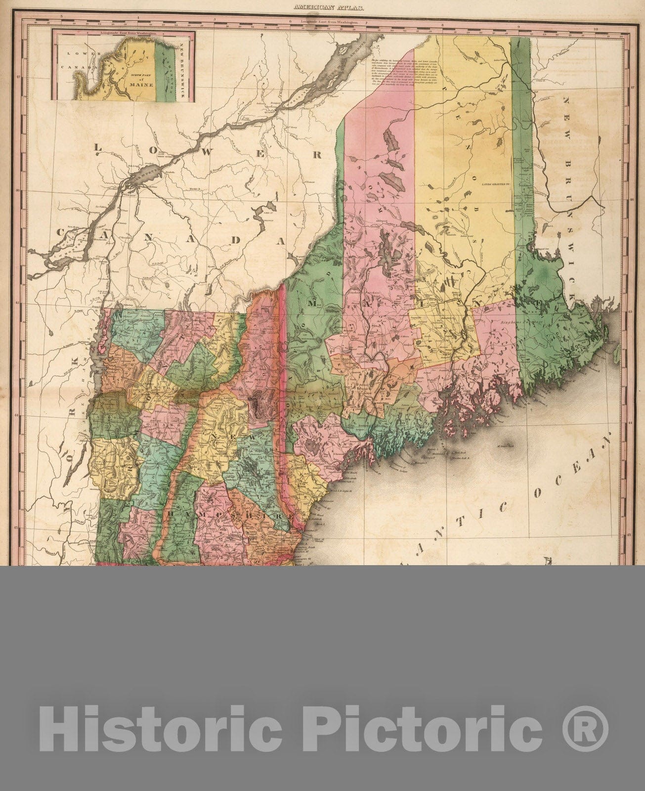 Historic Map : 1824 Maine, New Hampshire, Vermont, Massachusetts, Connecticut & Rhode Island. - Vintage Wall Art
