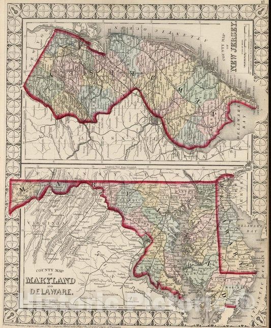 Historic Map : National Atlas - 1874 County Map of Maryland and Delaware. County Map of New Jersey. - Vintage Wall Art