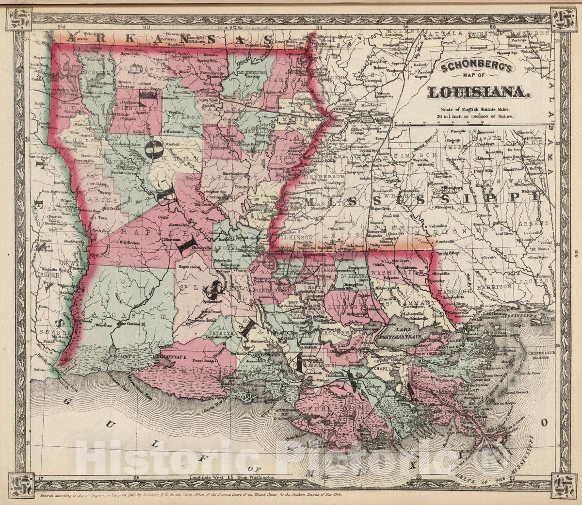 Historic Map : National Atlas - 1867 Schonberg's Map of Louisiana. - Vintage Wall Art