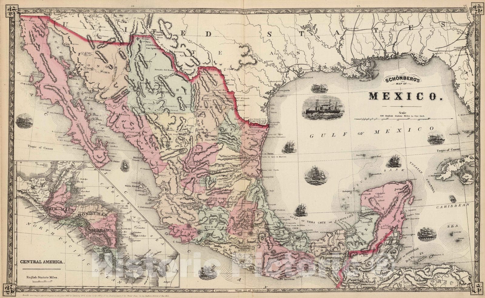 Historic Map : National Atlas - 1867 Schonberg's Map of Mexico. - Vintage Wall Art