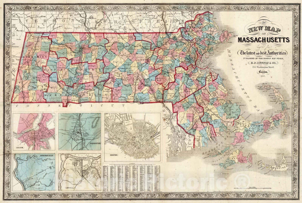 Historic Map : 1869 Massachusetts - Vintage Wall Art