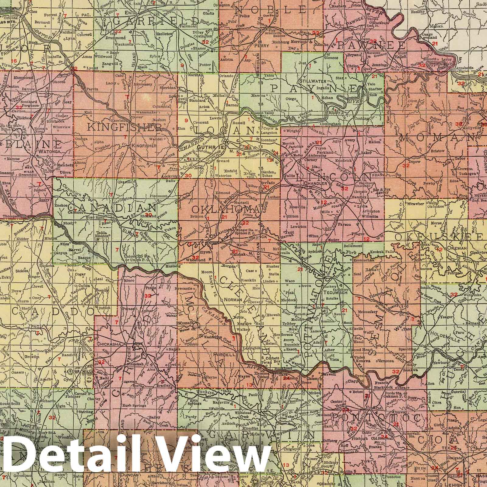 Oklahoma - Railroad Map, 1907 - Rand McNally Historical Map Print