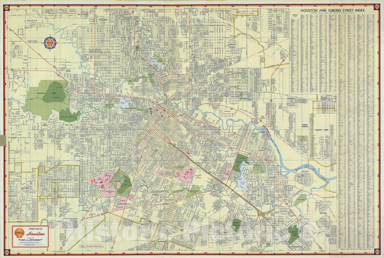 Houston, Texas - Road Map, 1951 - Shell Atlas Historical Map Print
