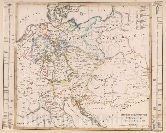 Historic Map : Central Europe 1818 Mittel Europaische Staaten , Vintage Wall Art