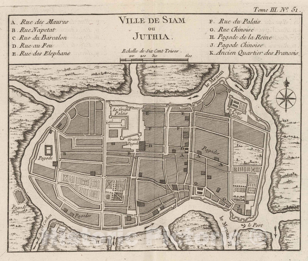 Historic Map : Thailand, 1764 Ville De Siam ou Juthia , Vintage Wall Art