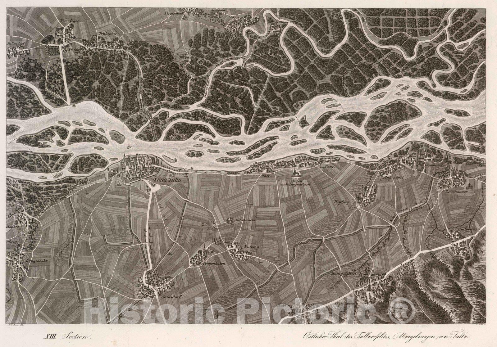 Historic Map : Austria, 1837 XIII Section. Ostlicher Theil des Tullnerfeldes. Umgebungen von Tulln. Hollnsteiner del. F. Mehl sc. , Vintage Wall Art