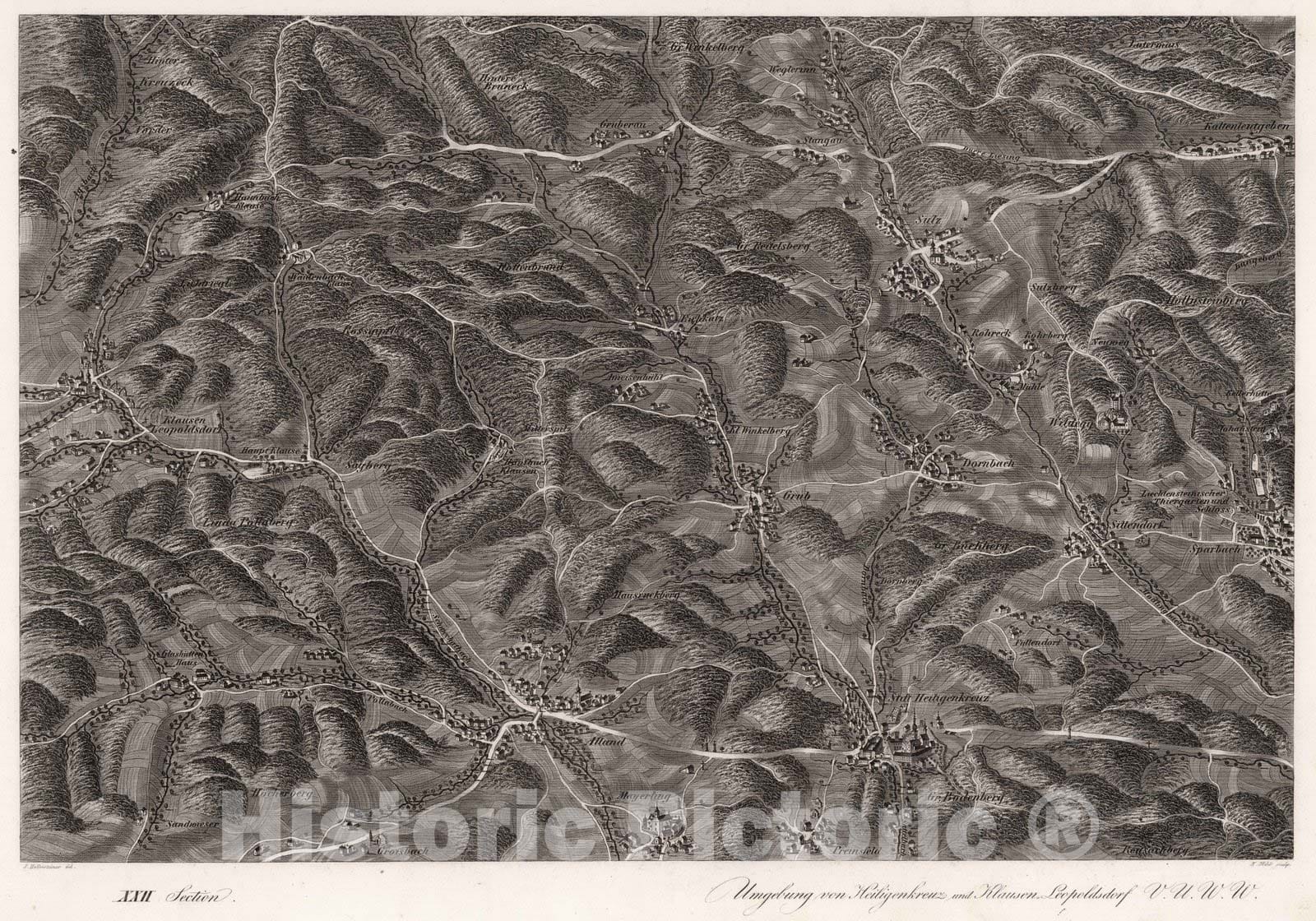 Historic Map : Austria, 1837 XXII Section. Umgebung von Heiligenkreuz und Klausen Leopoldsdorf V.U.W.W. J. Hollnsteiner del. F. Mehl sculp. , Vintage Wall Art