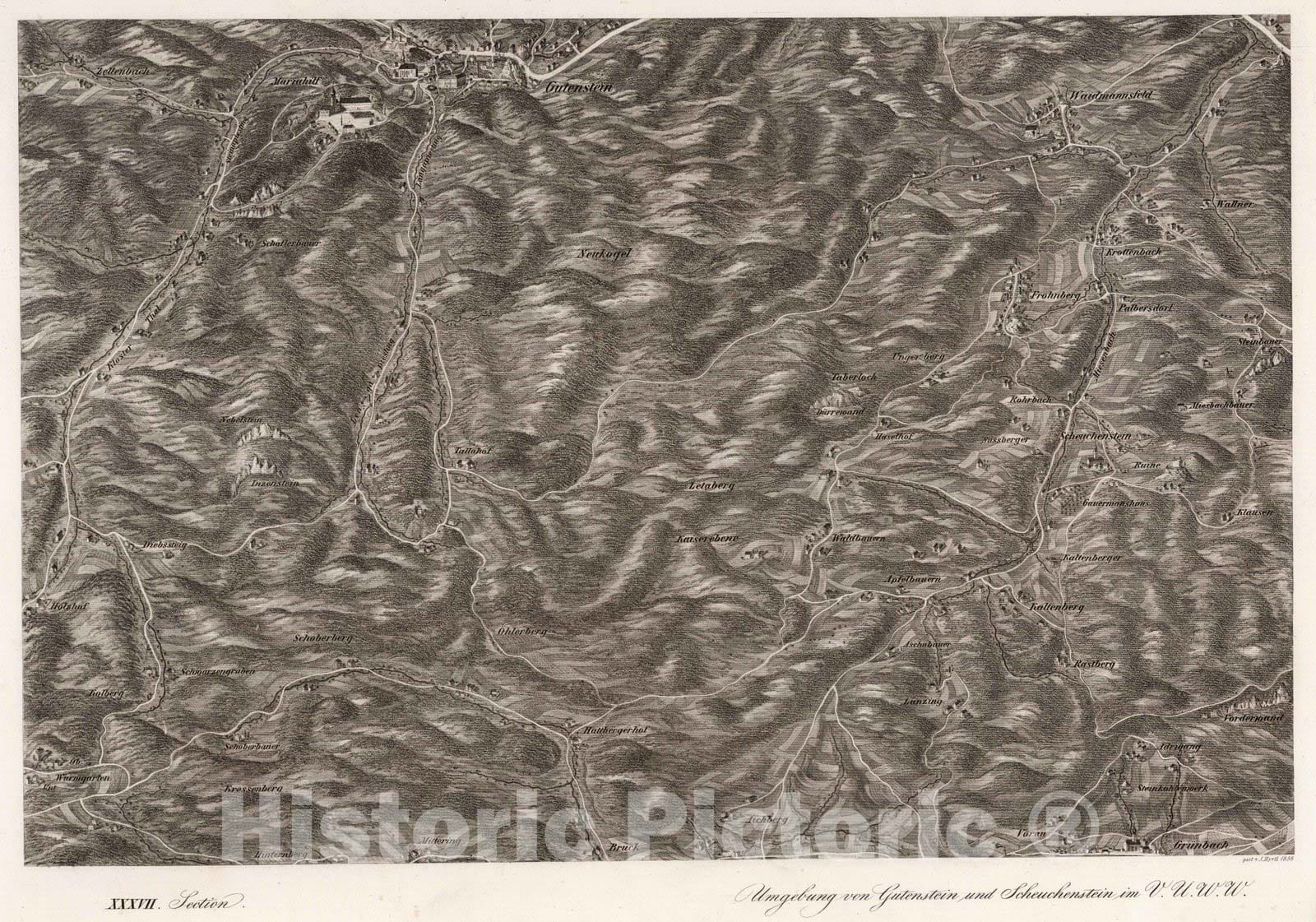 Historic Map : Austria, 1837 XXXVII Section. Umgebung von Gutenstein und Scheuchenstein im V.U.W.W. gest v. J.Hyrtl 1838. , Vintage Wall Art