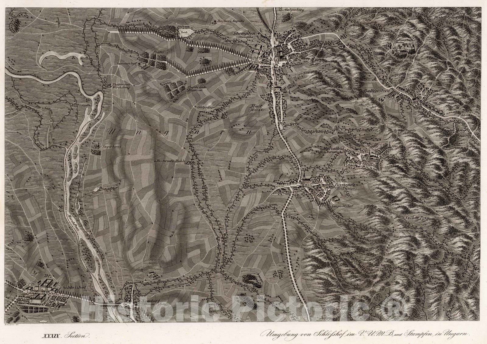 Historic Map : Austria, 1837 XXXIX Section. Umgebung von Schlosshof im V.U.M.B. und Stampfen in Ungarn. Hollnsteiner del. , Vintage Wall Art