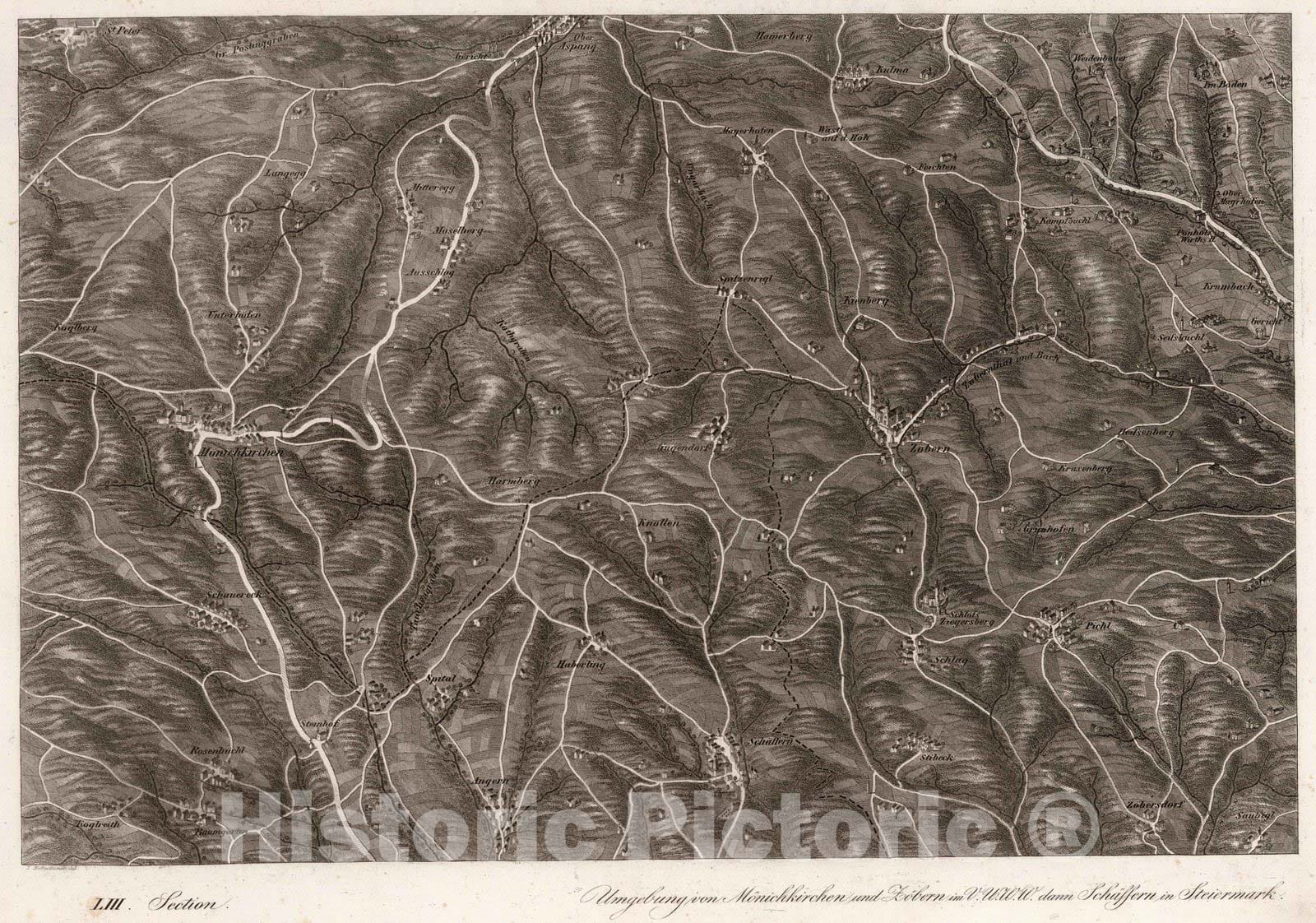 Historic Map : Austria, 1837 LIII Section. Umgebung von Monichkirchen und Zobern im V.U.W.W. dann Schassern in Steiermark. J. Hollnsteiner del. , Vintage Wall Art