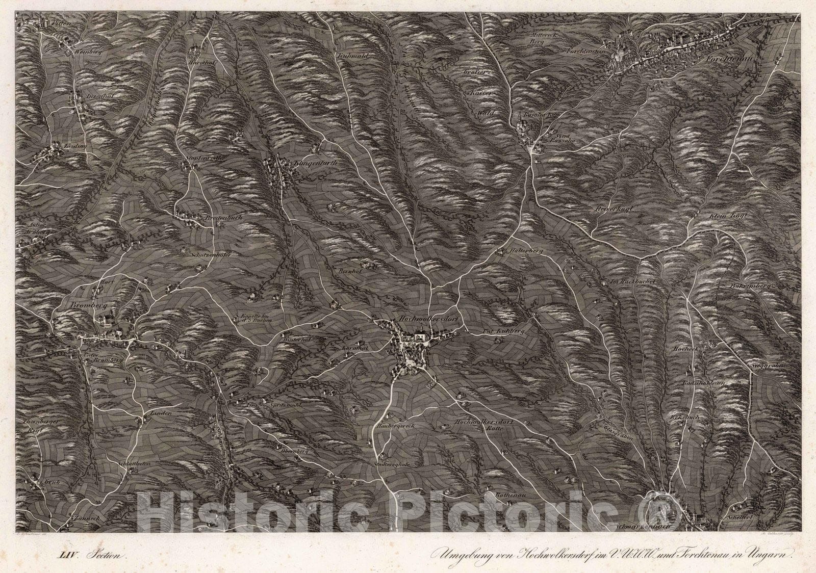 Historic Map : Austria, 1837 LIV Section. Umgebung von Hochwolkersdorf im V.U.W.W. und Forchtenau in Ungarn. J. Hollnsteiner del. A. Gebhardt sculp. , Vintage Wall Art