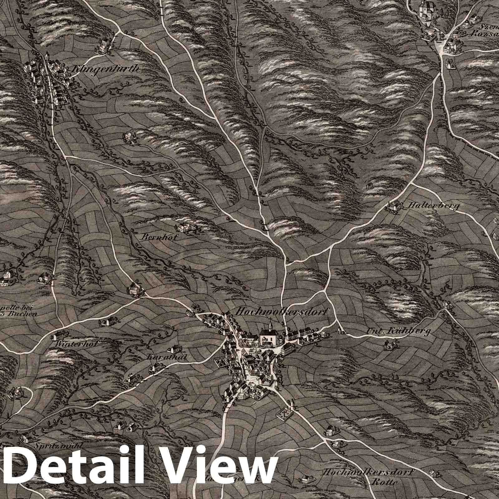 Hochwolkersdorf and Forchtenau, Austria - Bird's Eye View, 1837 Historical Map Print