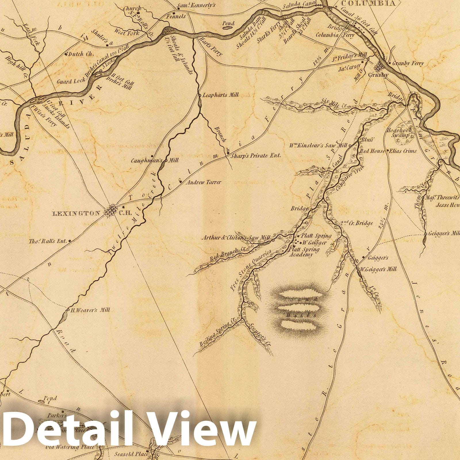 Lexington District, South Carolina - Road Map, 1825 - Mills' Atlas Historical Print