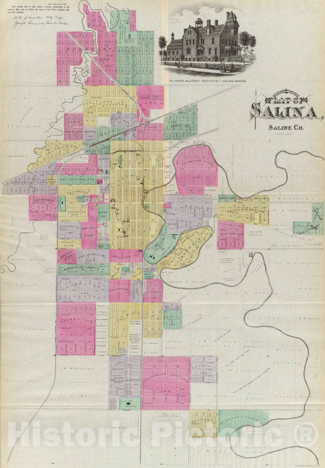 Historic Map : 1887 Plat of the City of Salina, Kansas. - Vintage Wall Art