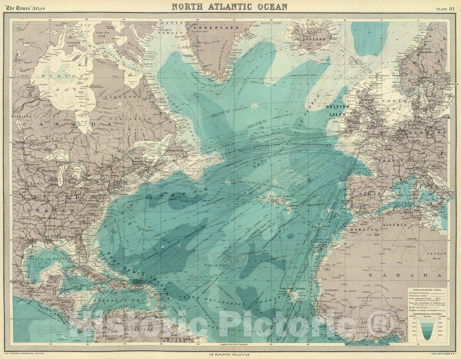 North Atlantic Ocean Nautical Chart 1922 - Historical Map Print