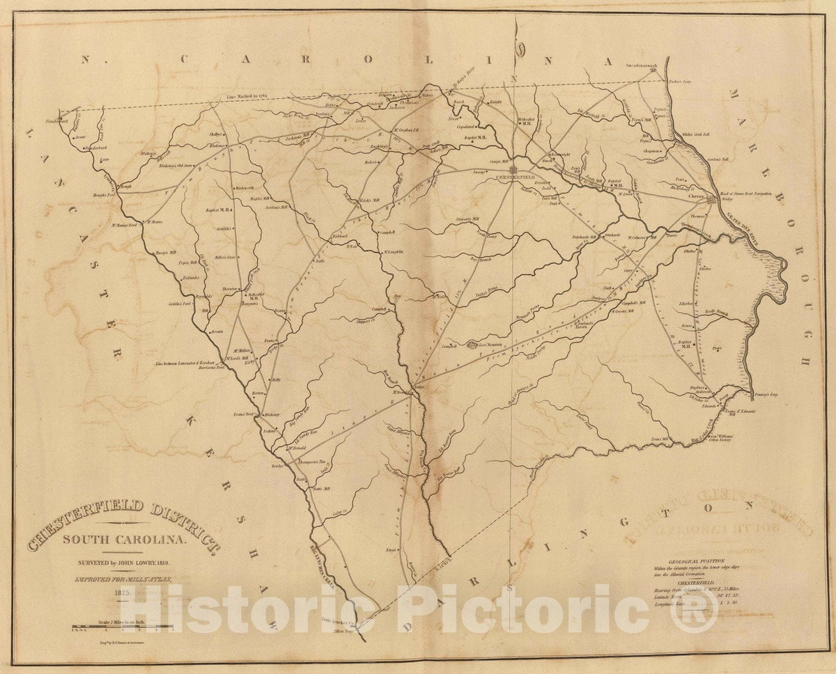Historic Map : 1825 Chesterfield District, South Carolina. - Vintage Wall Art