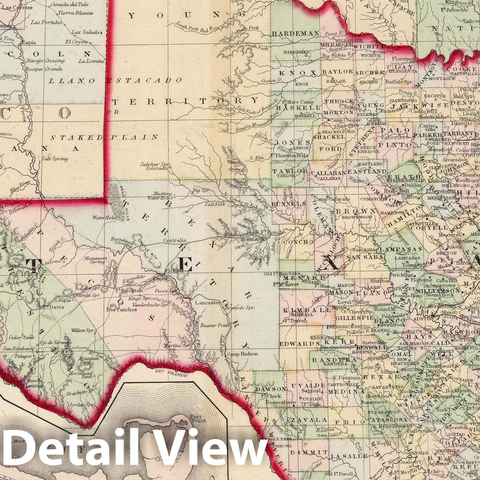 Texas - County Map, 1874 - Mitchell's Historical Atlas Print