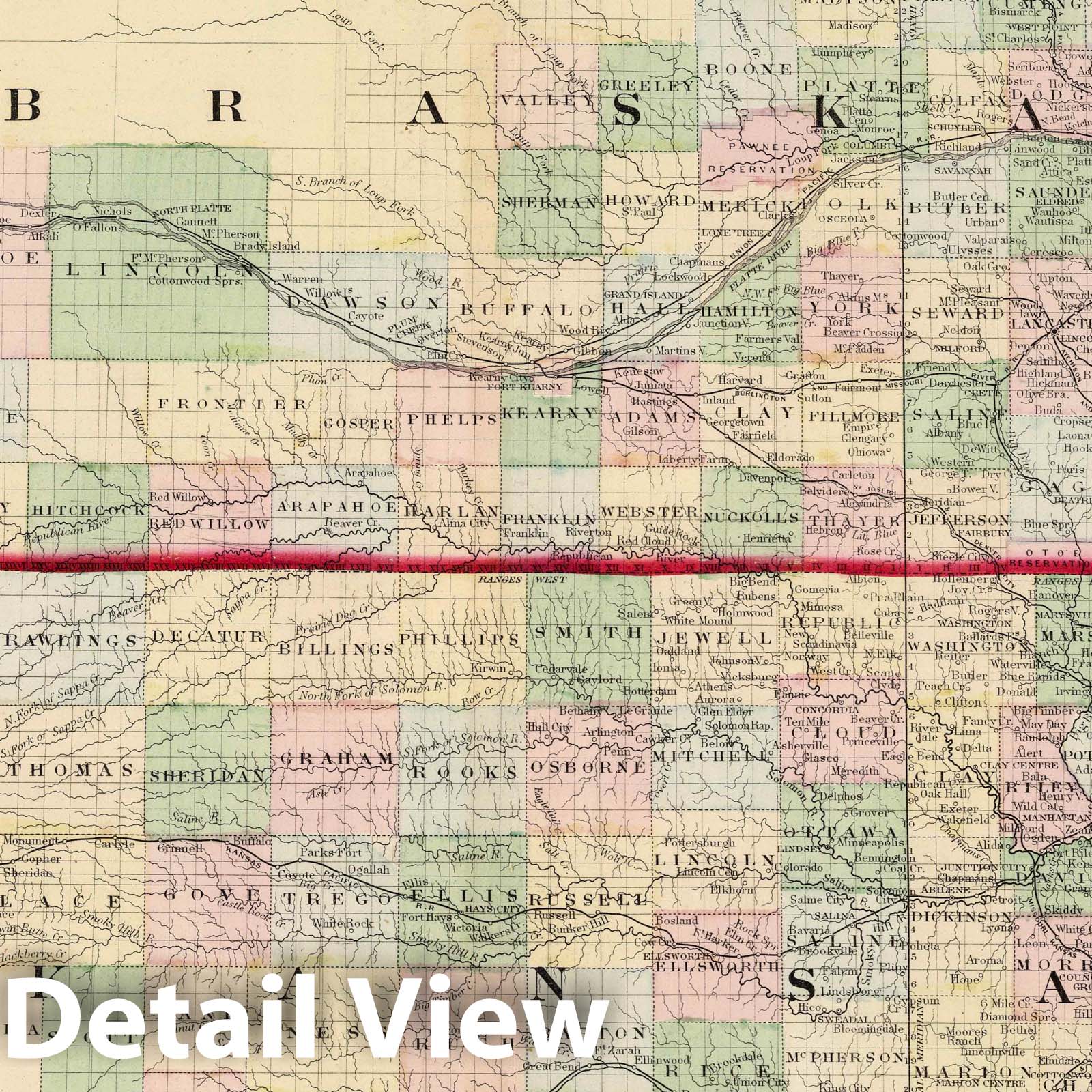 Kansas and Nebraska 1874 County & Township Map - Historical Print