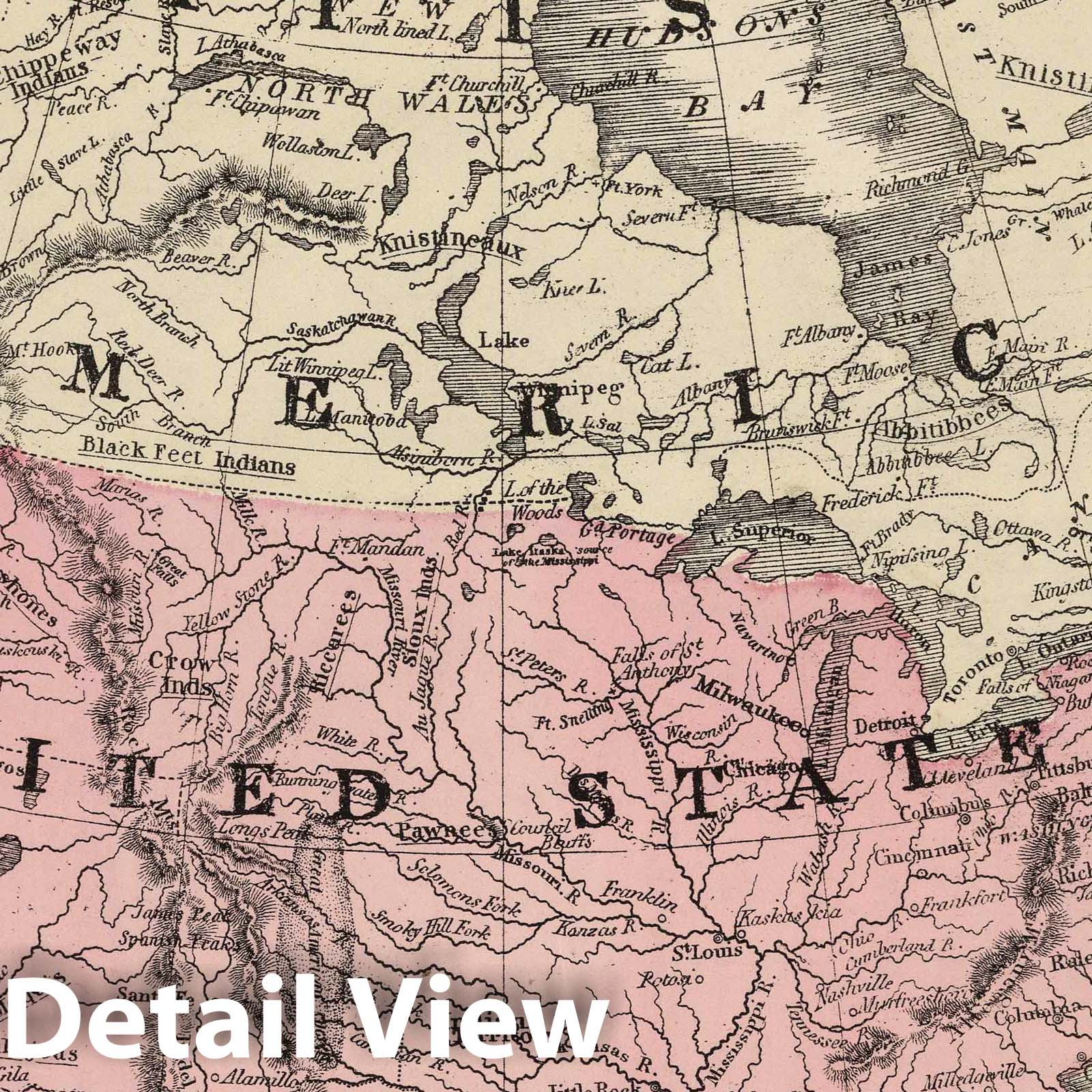 North America - Physical Map, 1867 - Schonberg's Atlas Historical Map Print