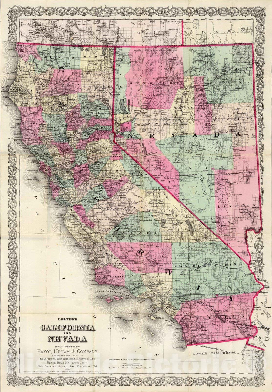 Historic Map : 1883 California and Nevada : Vintage Wall Art