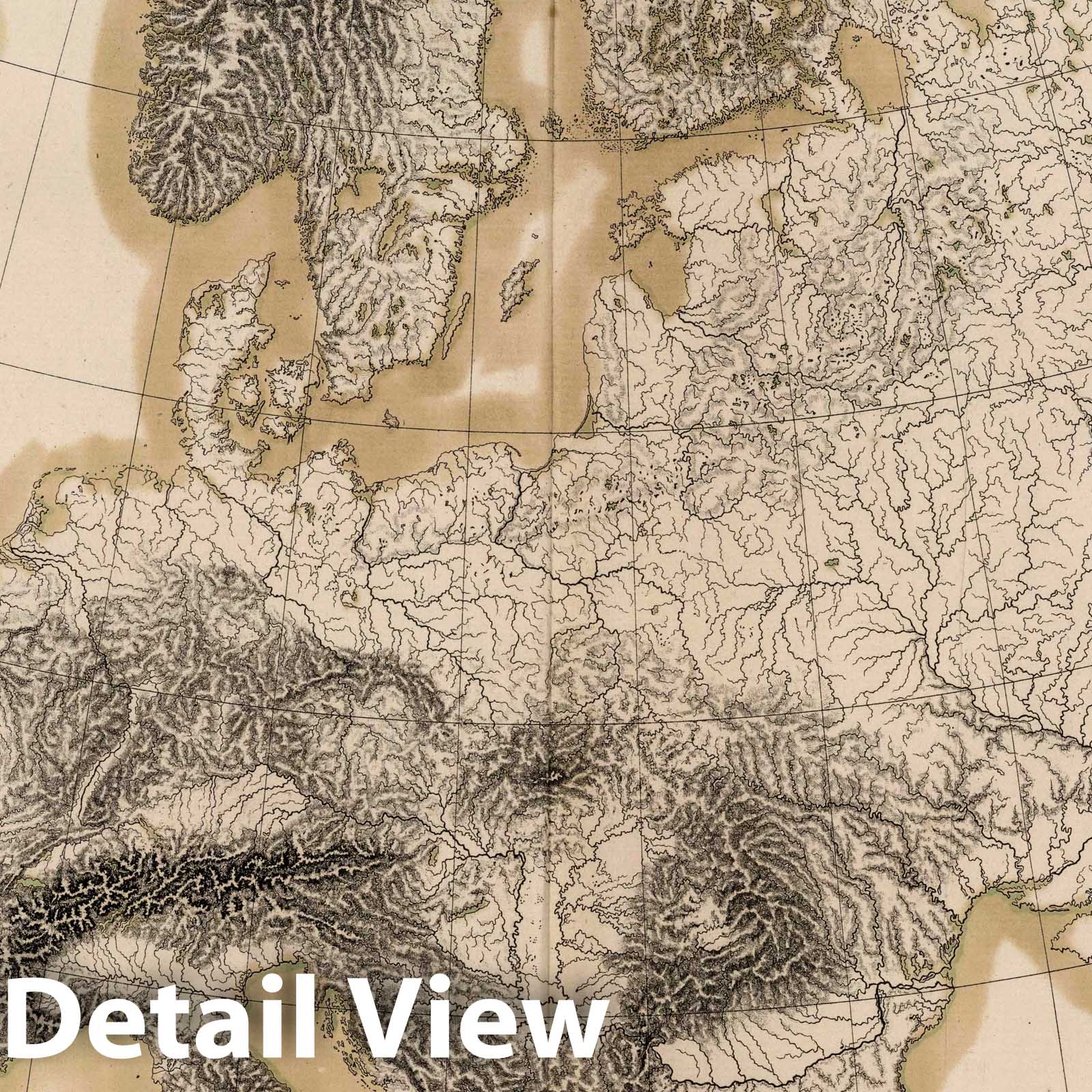 Europe - River and Mountain Map, 1825 - Historical Topographic Print