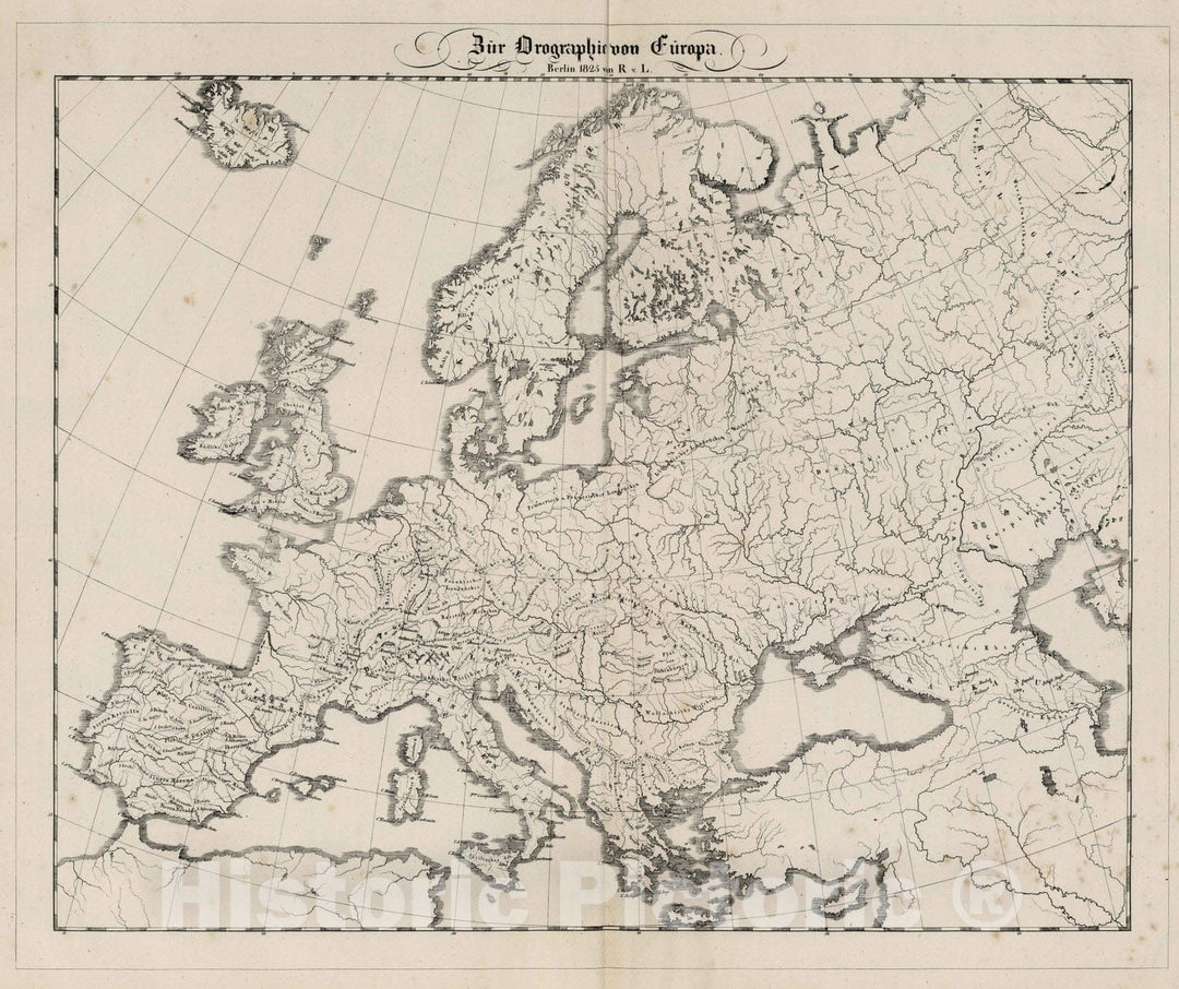 Historic Map : School Atlas - 1825 Bur Orographie von Europe. - Vintage Wall Art