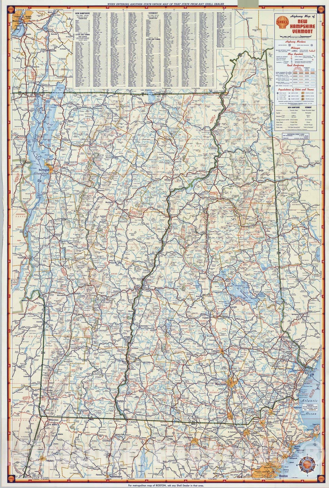 Historic Map : National Atlas - 1956 Shell Highway Map of New Hampshire, Vermont. - Vintage Wall Art