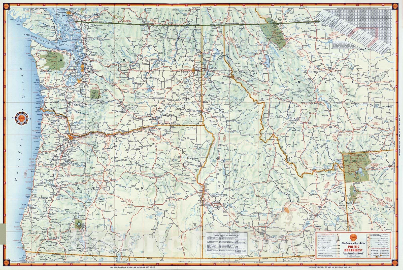 Pacific Northwest States - Road Map, 1956 - Shell Atlas Historical Print