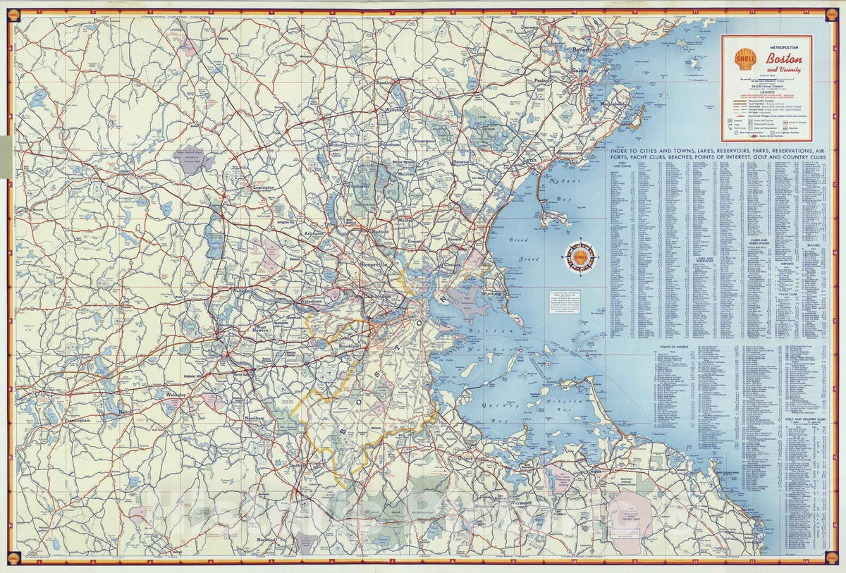 Historic Map : National Atlas - 1956 Shell Metropolitan Boston and Vicinity. - Vintage Wall Art