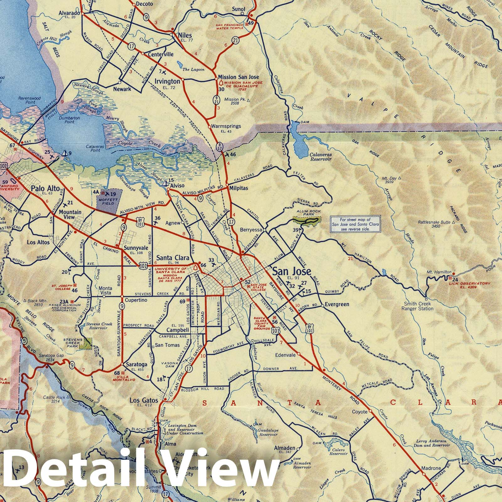 San Jose and Vicinity, California - Road Map, 1951 - Historical Map Print
