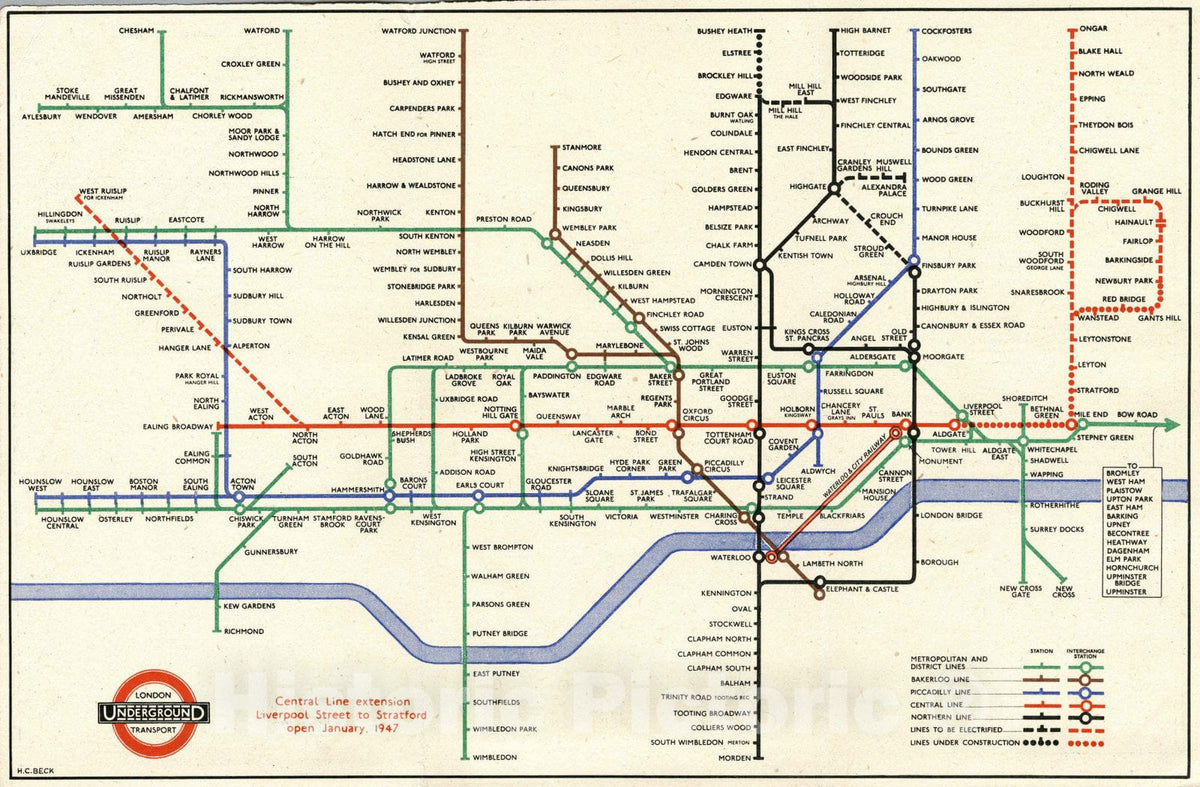 1947 London Underground Pictorial Map - Central Line Extension
