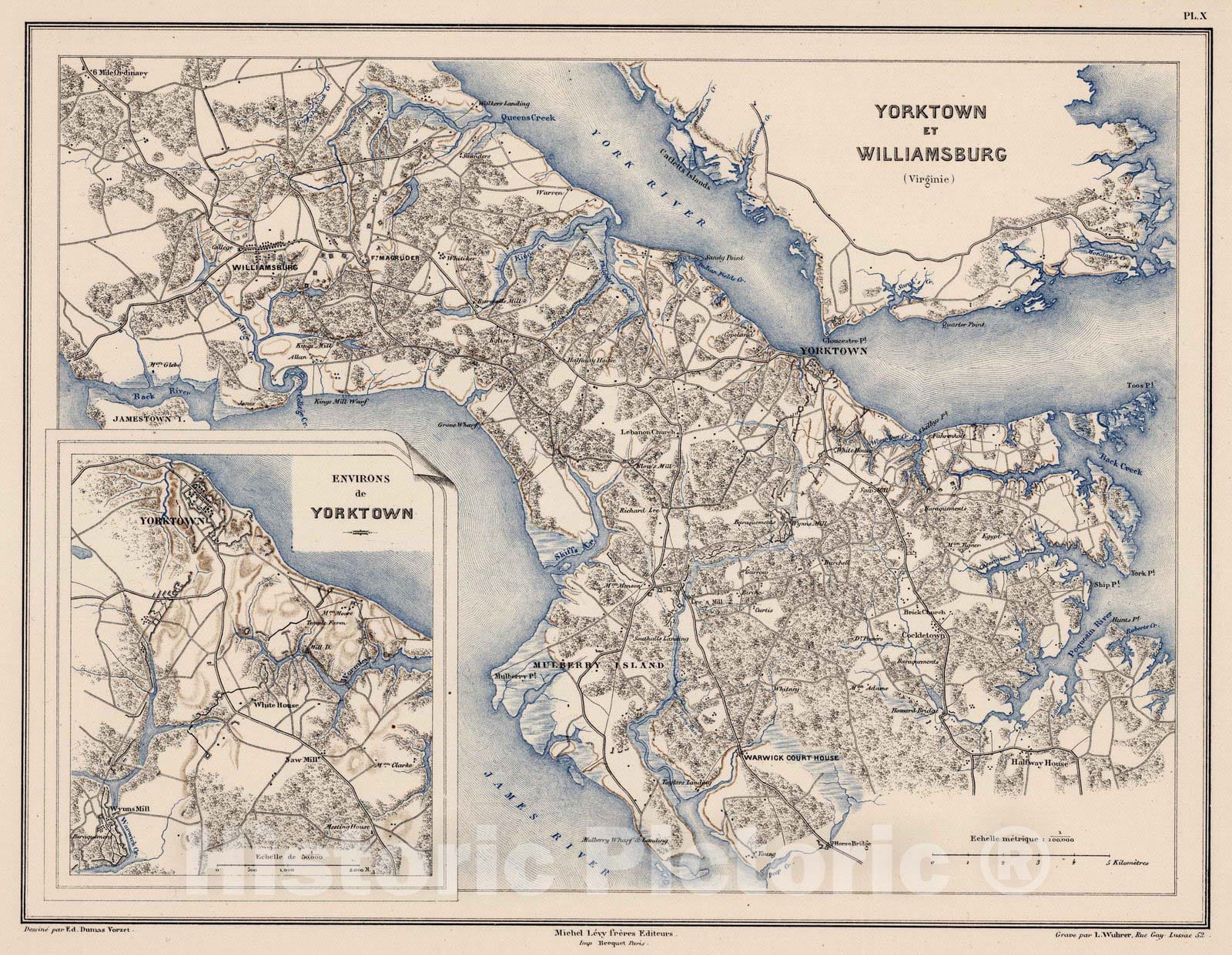 Historic Map - Military Atlas - 1875 Planche X. Yorktown et Williamsburg (Virginia). - Vintage Wall Art