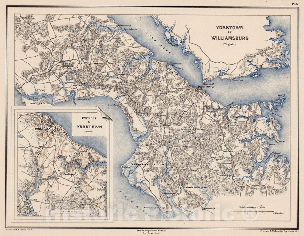 Historic Map - Military Atlas - 1875 Planche X. Yorktown et Williamsburg (Virginia). - Vintage Wall Art