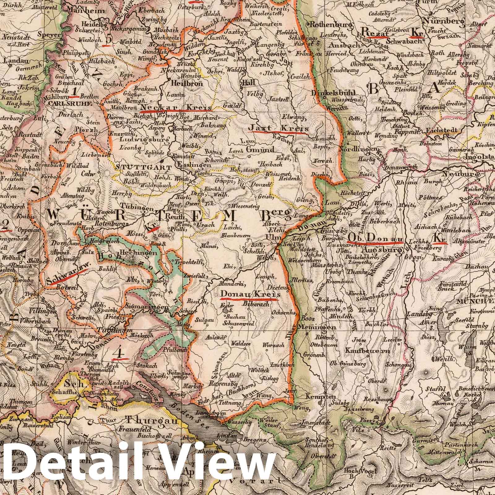 Southwestern Germany and Switzerland - 1821 Historical Map Print