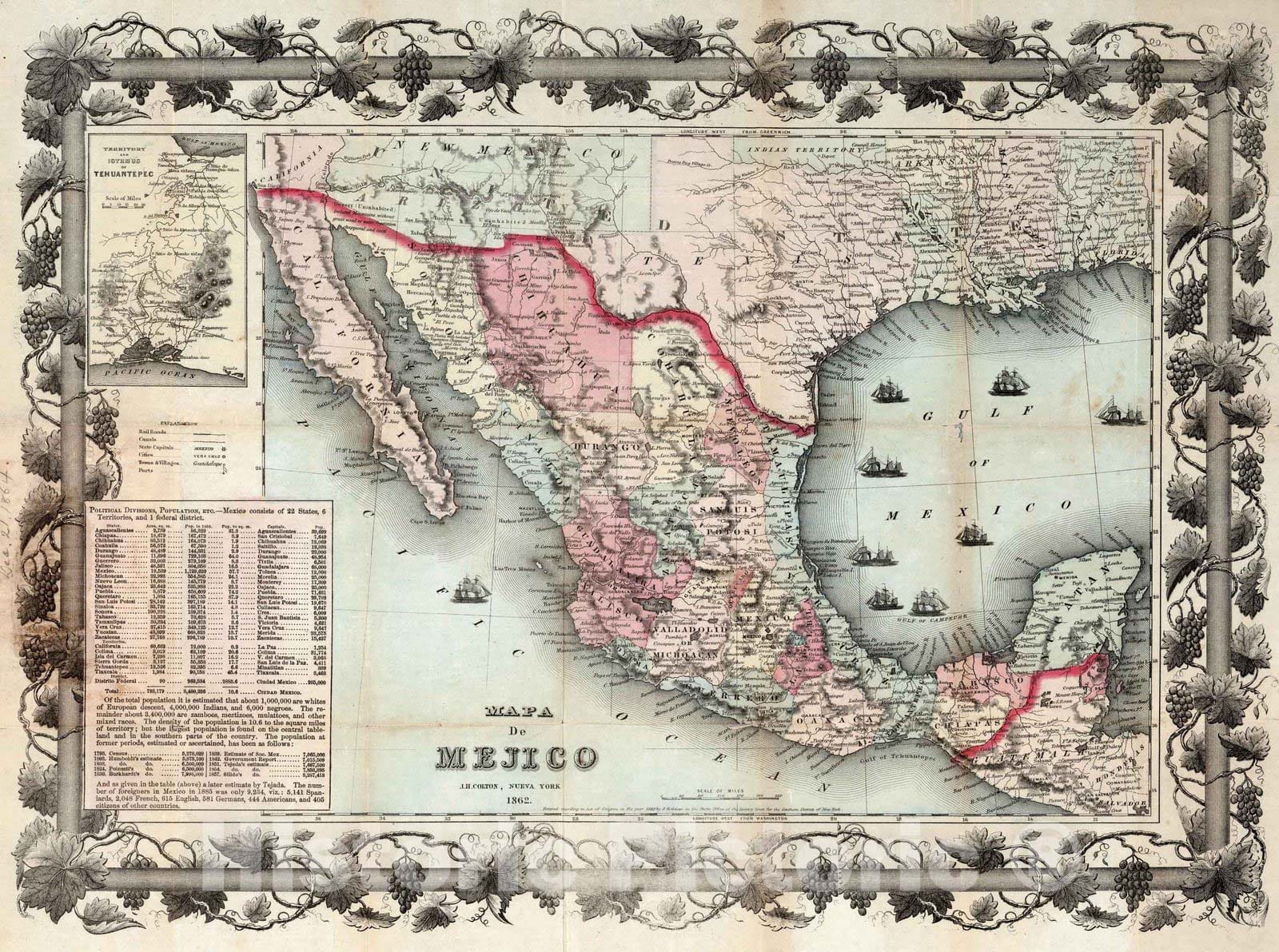 Historic Map : Mexico, Mapa de Mejico J. H. Colton, Nueva York 1862 , Vintage Wall Art