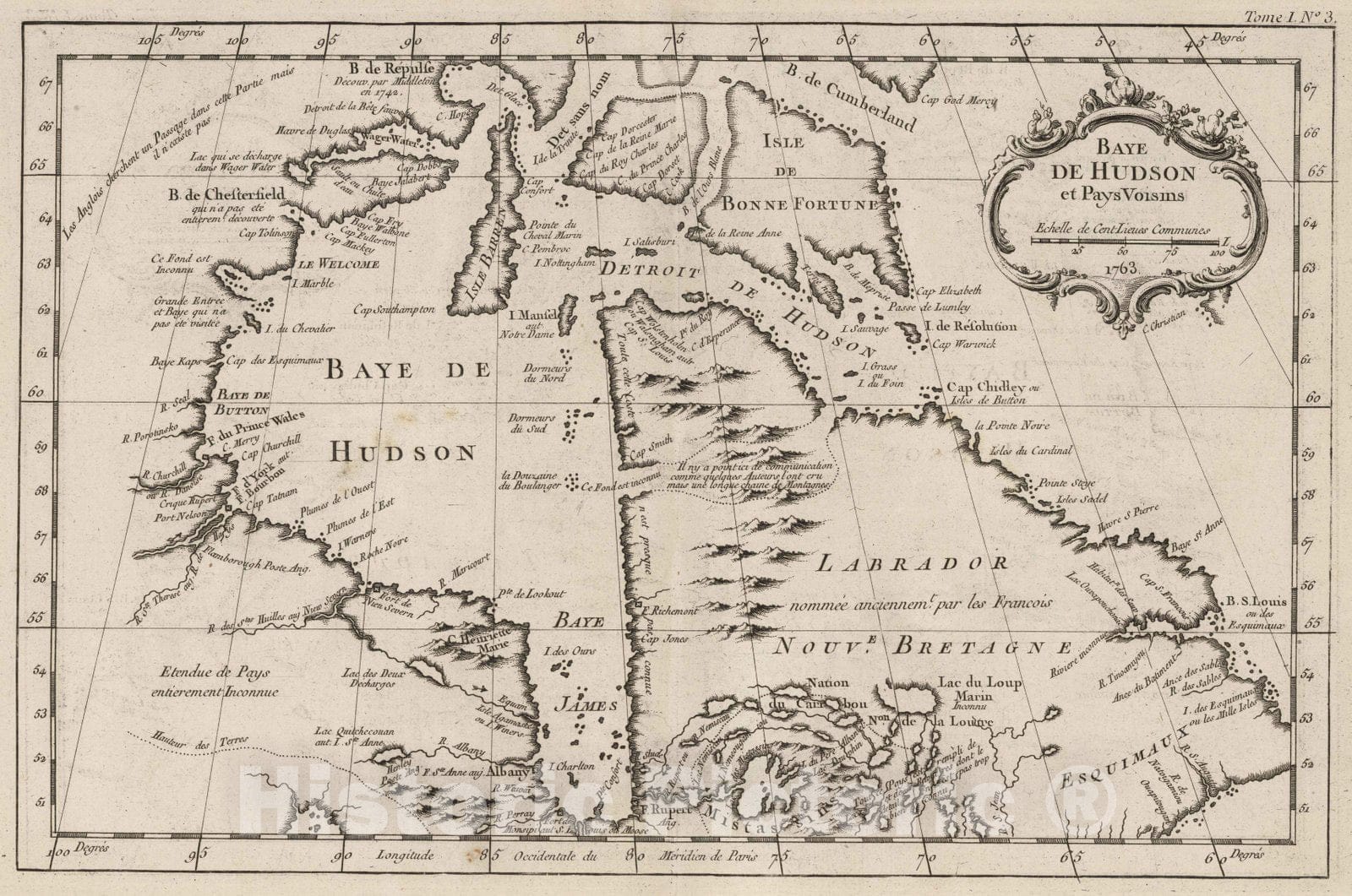 Historic Map : Canada, Hudson Bay 1763 Baye De Hudson et Pays Voisins. , Vintage Wall Art