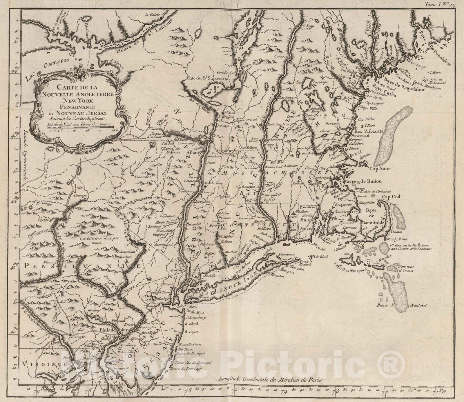 Historic Map : U.S. North East, 1764 Carte de la Nouvelle Angleterre, New York, Pensilvanie et Nouveau Jersay suivant les cartes angloises. , Vintage Wall Art