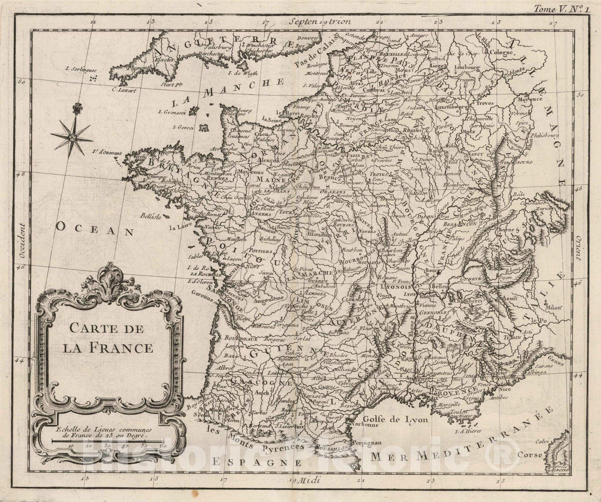Historic Map : France, 1764 Carte de la France. , Vintage Wall Art