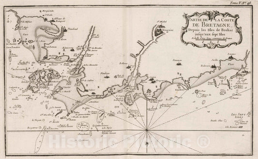 Historic Map : France, Bretagne , France 1764 Partie de la coste de Bretagne, depuis les isles de Brehat jusqu' aux sept isles. , Vintage Wall Art
