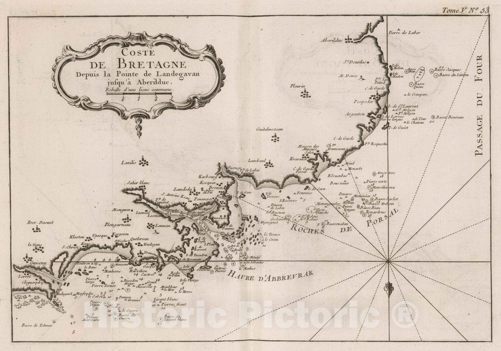 Historic Map : France, Bretagne , France 1764 Coste de Bretagne depuis la pointe de Landegavan jusqu'a Aberilduc. , Vintage Wall Art