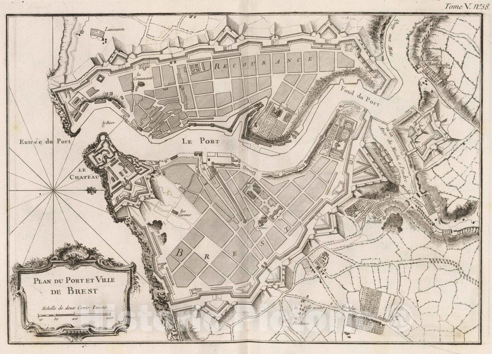 Historic Map : France , Brest France, Bretagne 1764 Plan du port et ville de Brest. , Vintage Wall Art