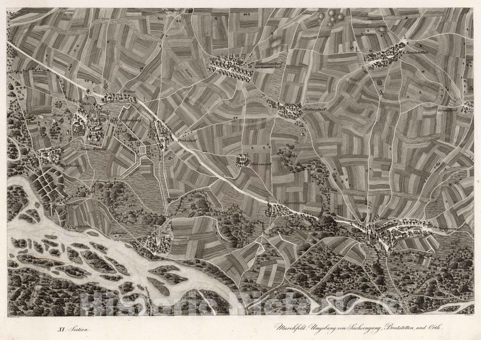 Historic Map : Austria, 1837 XI Section. Marchfeld. Umgebung von Sachsengang, Breitstetten und Orth. Hollnsteiner del. F. Mehl sc. , Vintage Wall Art