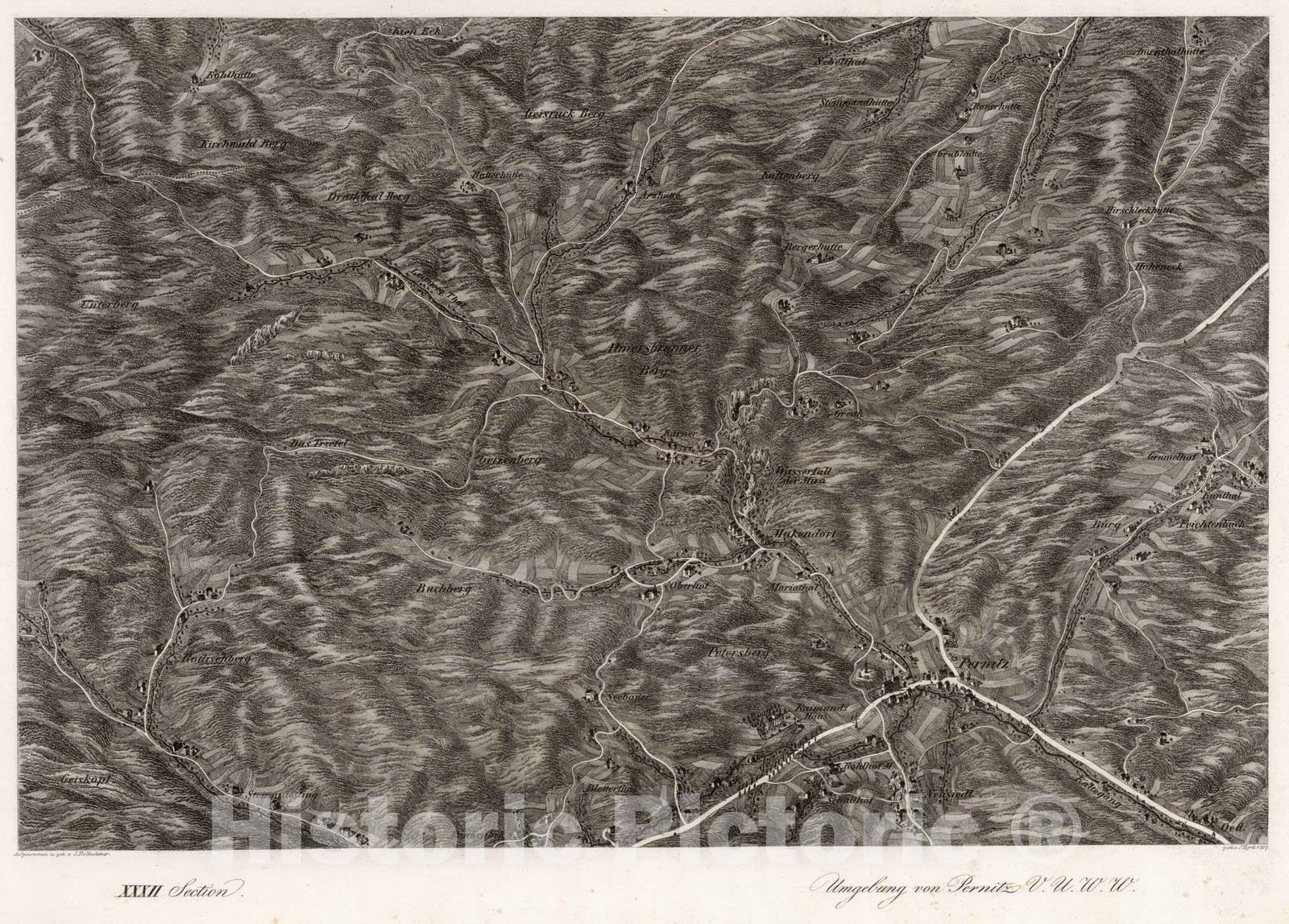 Historic Map : Austria, 1837 XXXII Section. Umgebung von Pernitz V.U.W.W. Augenommen u. ger v. Hollnsteiner. gest.v. J. Hyrtl. 1837. , Vintage Wall Art