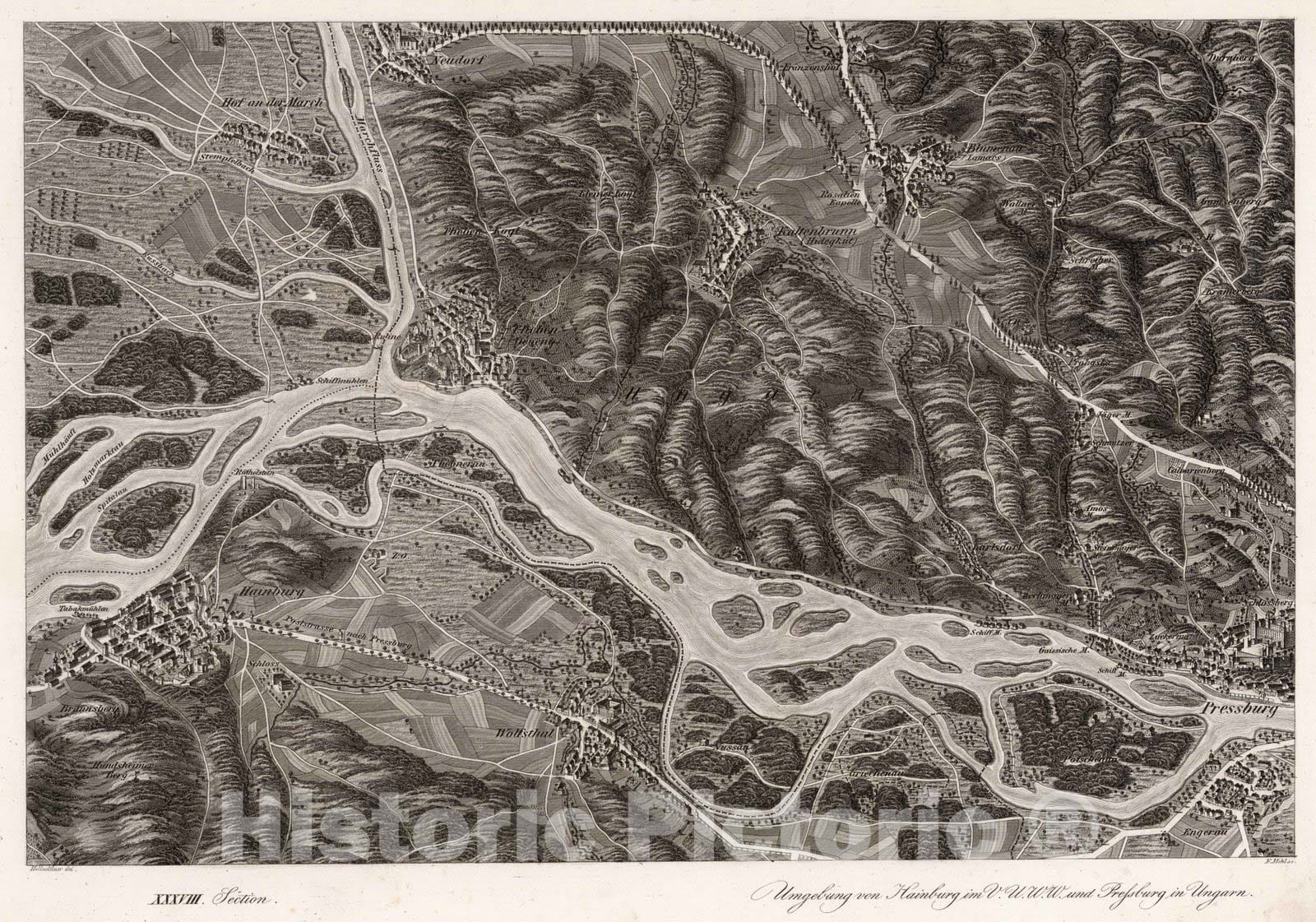 Historic Map : Austria, 1837 XXXVIII Section. Umgebung von Hainburg im V.U.W.W. und Pressburg in Ungarn. Hollnsteiner F. Mehl sc. , Vintage Wall Art