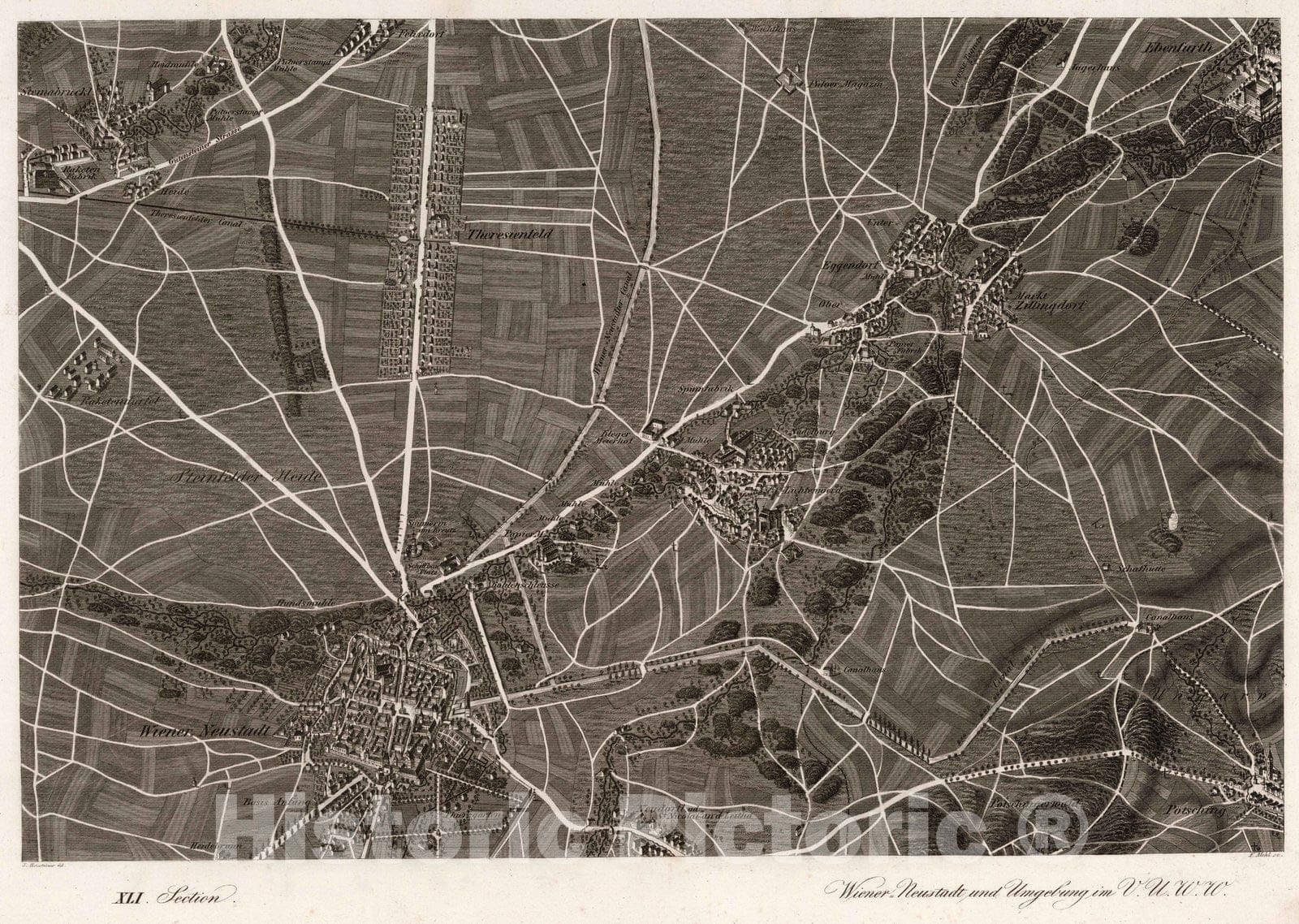 Historic Map : Austria, 1837 XLI Section. Wiener_Neustadt und Umgebung im V.U.W.W. J. Hollnsteiner del. F. Mehl sc. , Vintage Wall Art