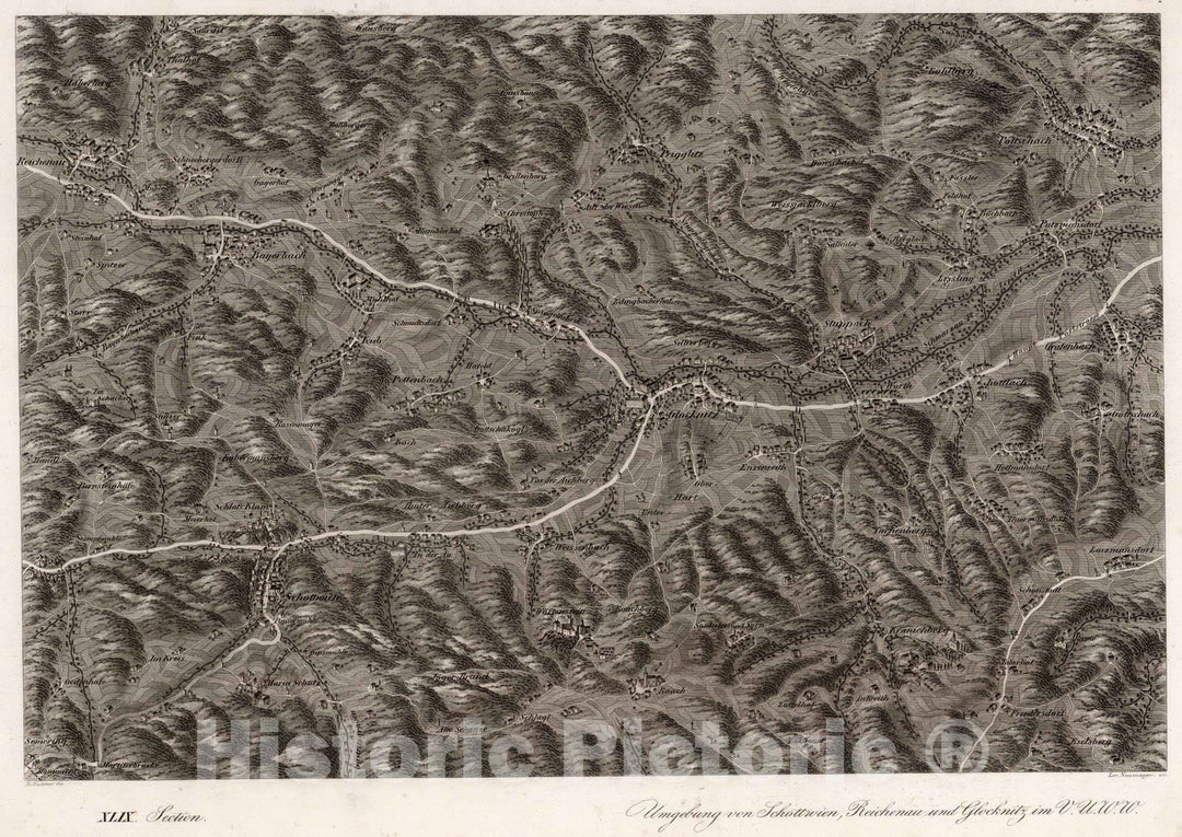 Historic Map : Austria, 1837 XLIX Section. Umgebung von Schottwien, Reichenau und Glocknitz im V.U.W.W. J. Hollnsteiner del. Lor. Neumayer sc. , Vintage Wall Art