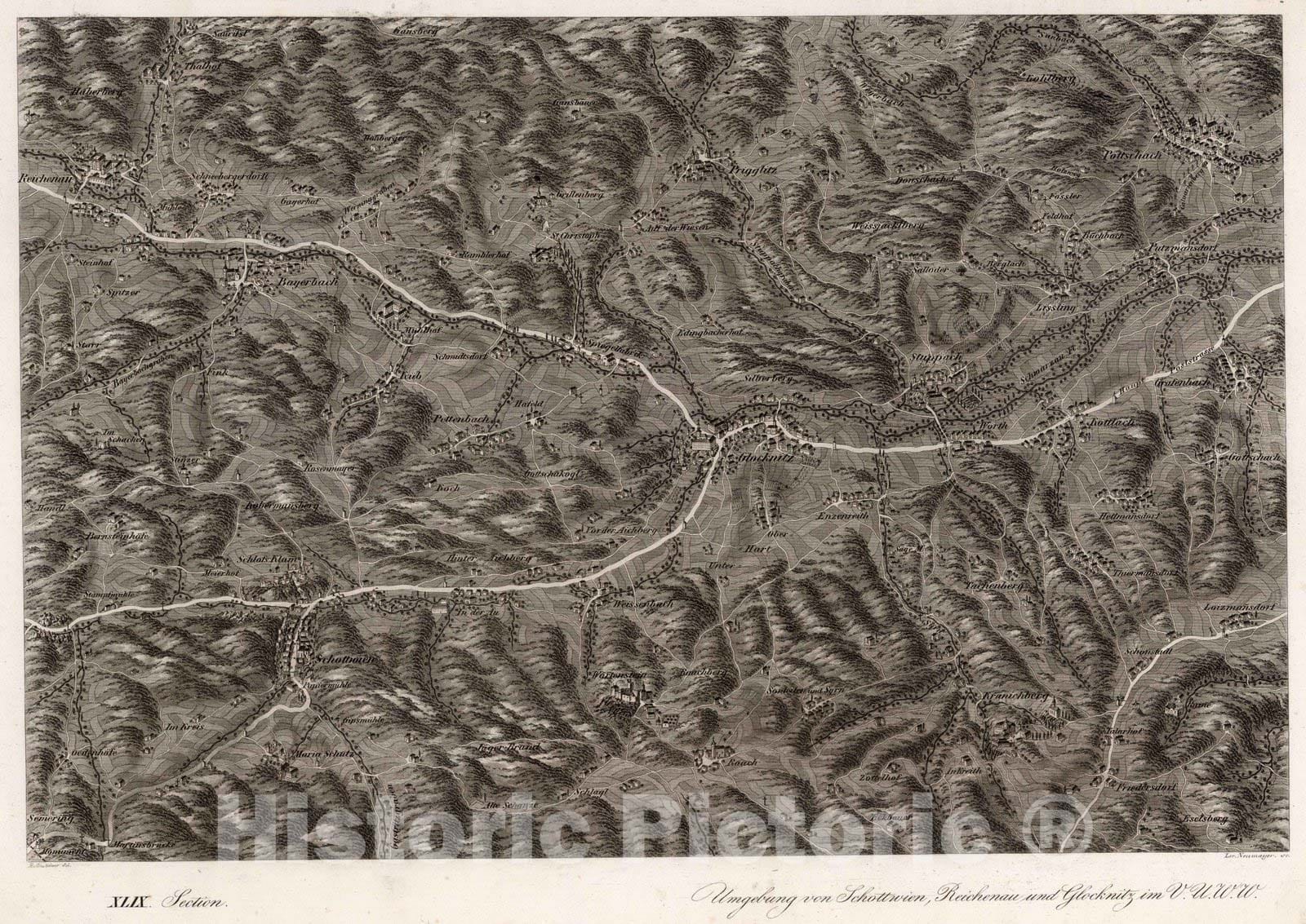 Historic Map : Austria, 1837 XLIX Section. Umgebung von Schottwien, Reichenau und Glocknitz im V.U.W.W. J. Hollnsteiner del. Lor. Neumayer sc. , Vintage Wall Art